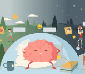 Hjernefigur, der ligger i seng - illustraion fra undervisningsmaterialet ReloadMe